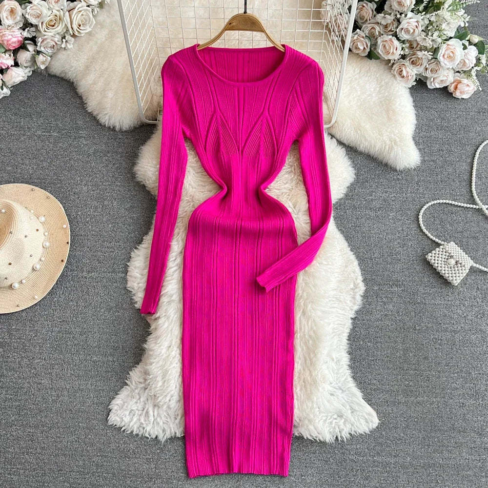 Long Sleeve Knitted Bodycon Dress For Women Autumn Retro