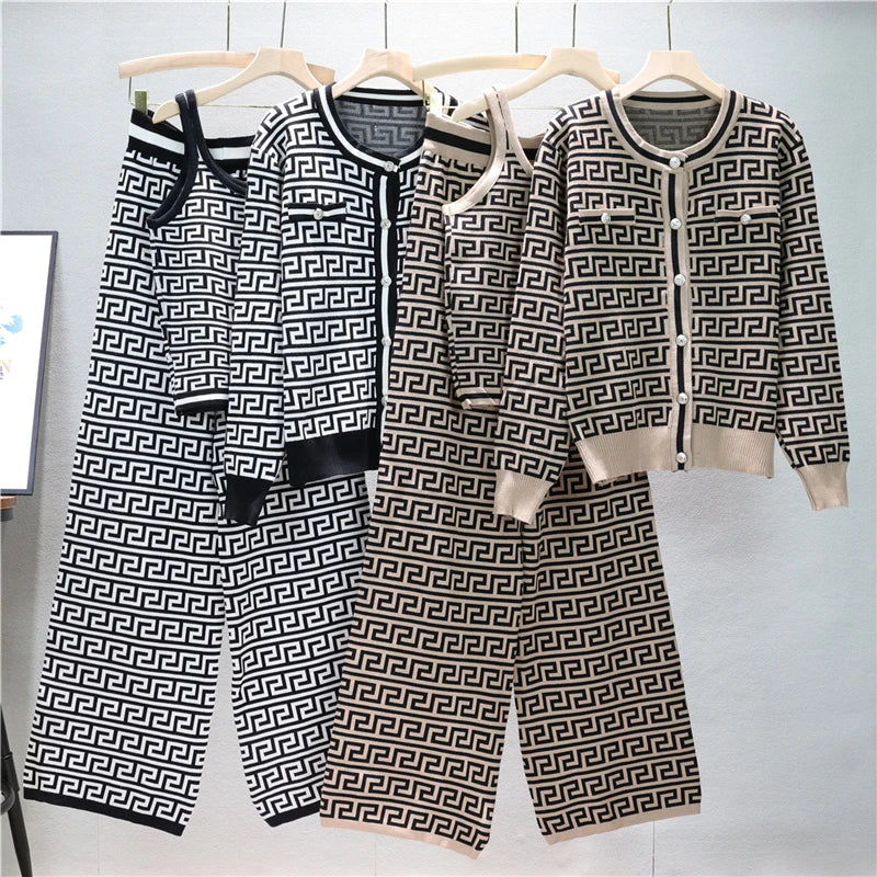 Elegant Casual Three-Piece Women's Houndstooth Printed Vest and Trousers Set