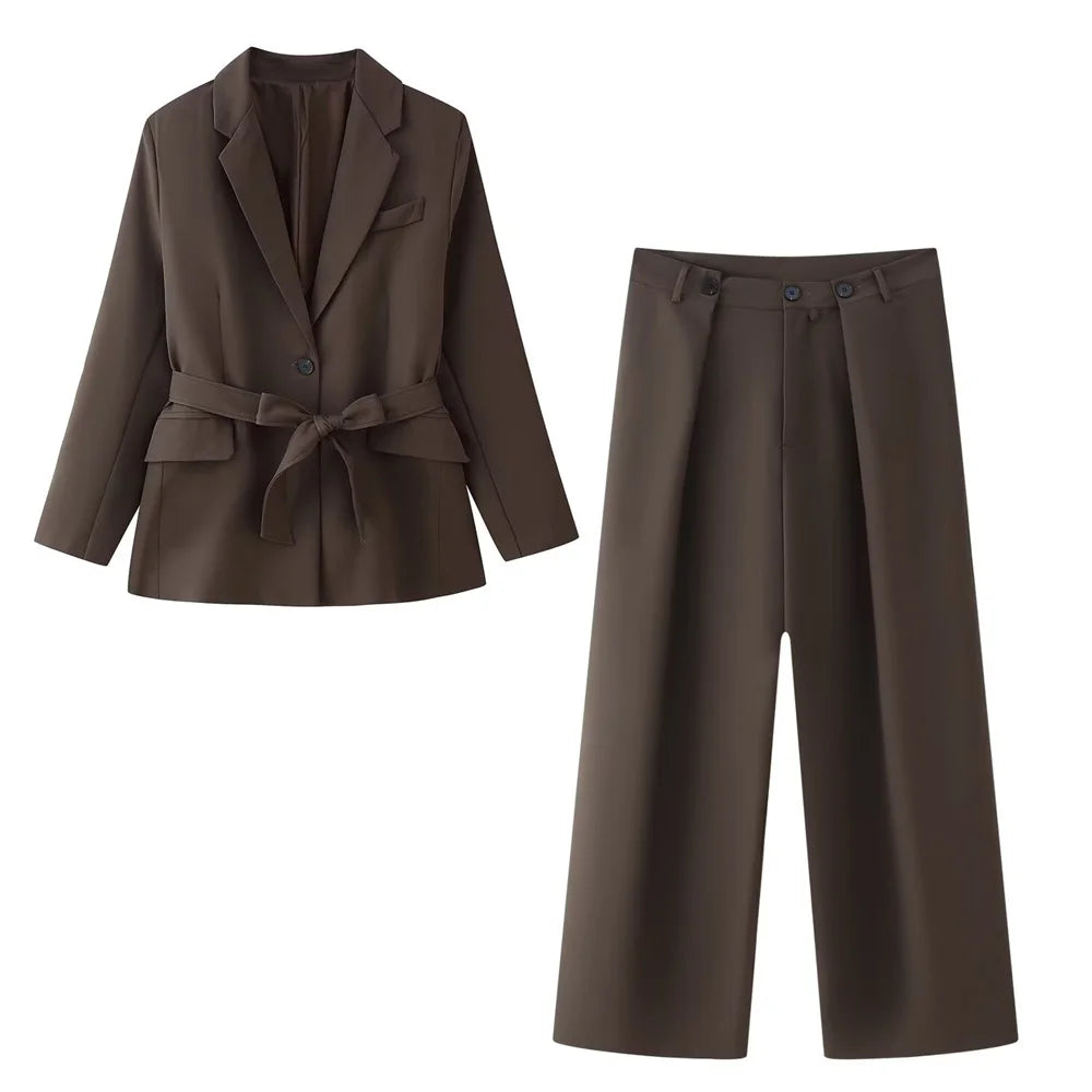 Elegant Women's Casual Suit Jacket and Pants Set with Belt for Stylish Office and Leisure Wear