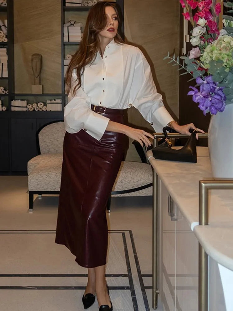 White Chiffon Shirt for Women with Lapel Collar Lantern Sleeves Single Breasted Irregular Hem Loose Fit Blouse Elegant Casual Top