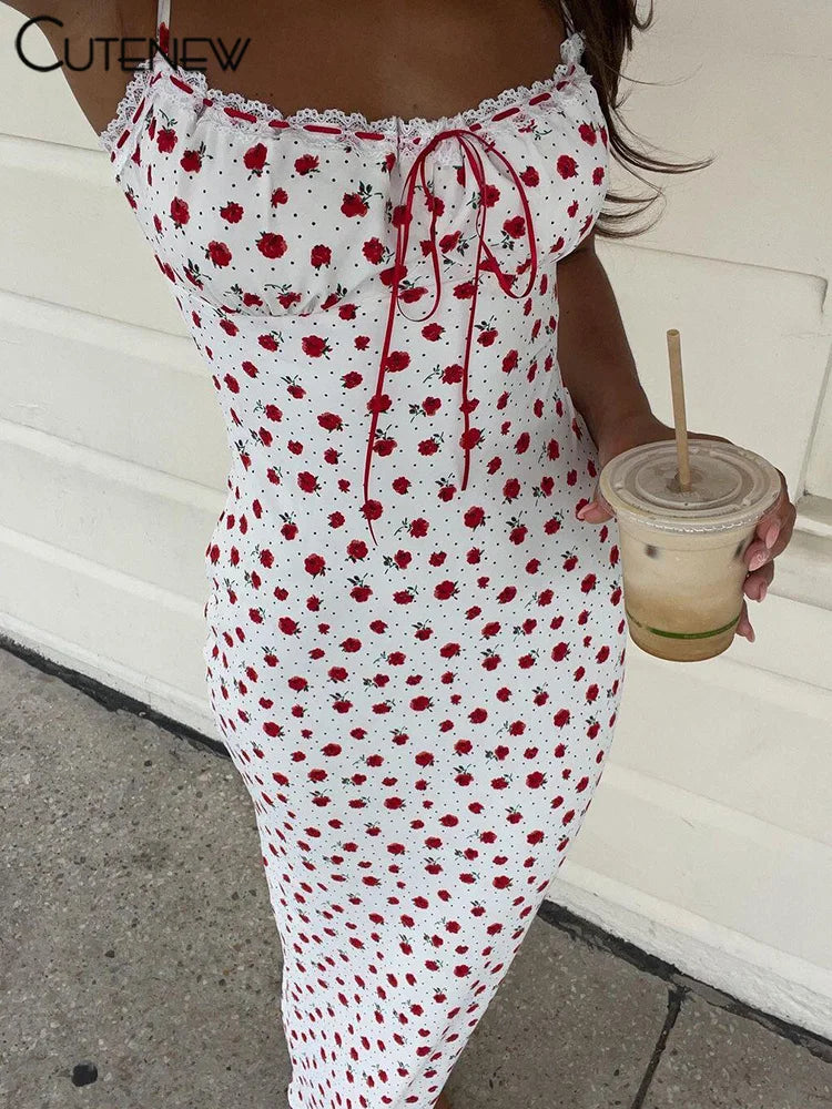 Rose Print Maxi Dress for Women Summer Bodycon Style