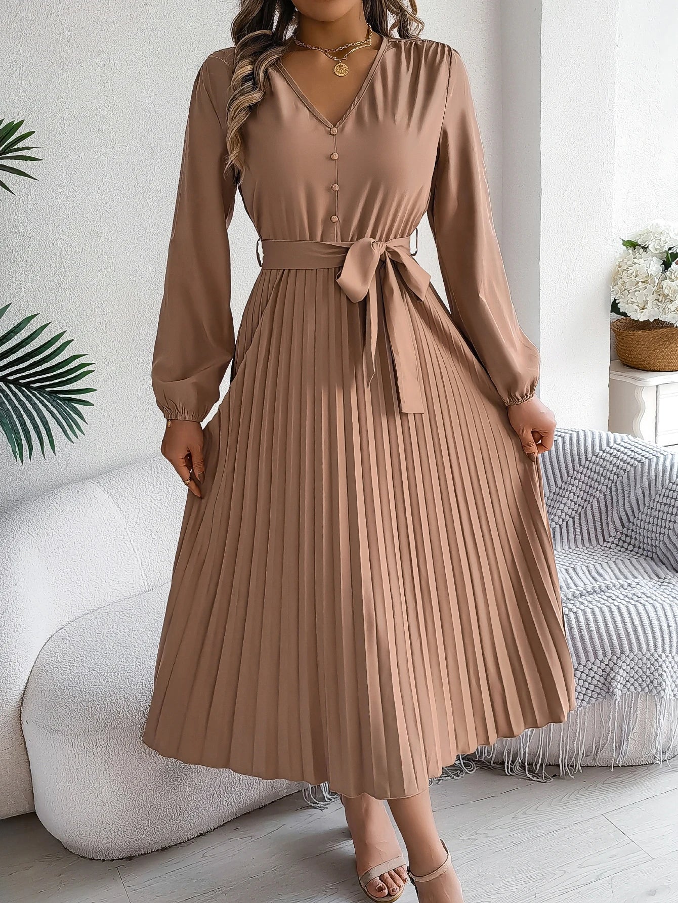 Elegant Autumn V Neck Belted Pleated Long Sleeve Dress