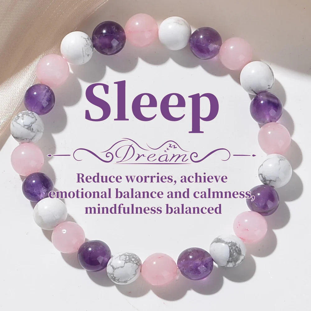 Fashionable Aura Balancing Sleep Bracelet with Natural Stones - White Turquoise, Amethyst and Rose Quartz 8mm
