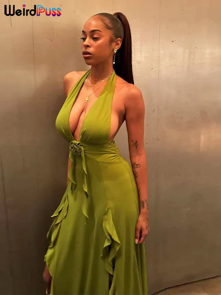 Backless Halter Maxi Bodycon Dress With Tassels And Ruched