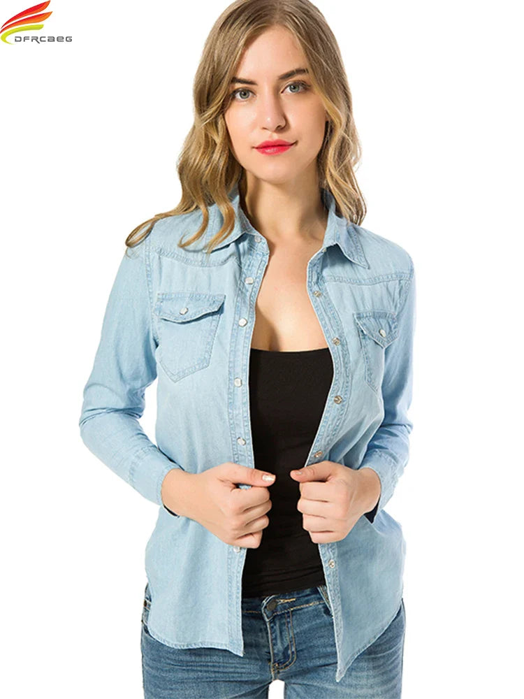Elegant Sky Blue Denim Shirt for Women Long Sleeve Blouse with Pearl Buttons and Front Pockets Breathable Cotton Korean Style Top