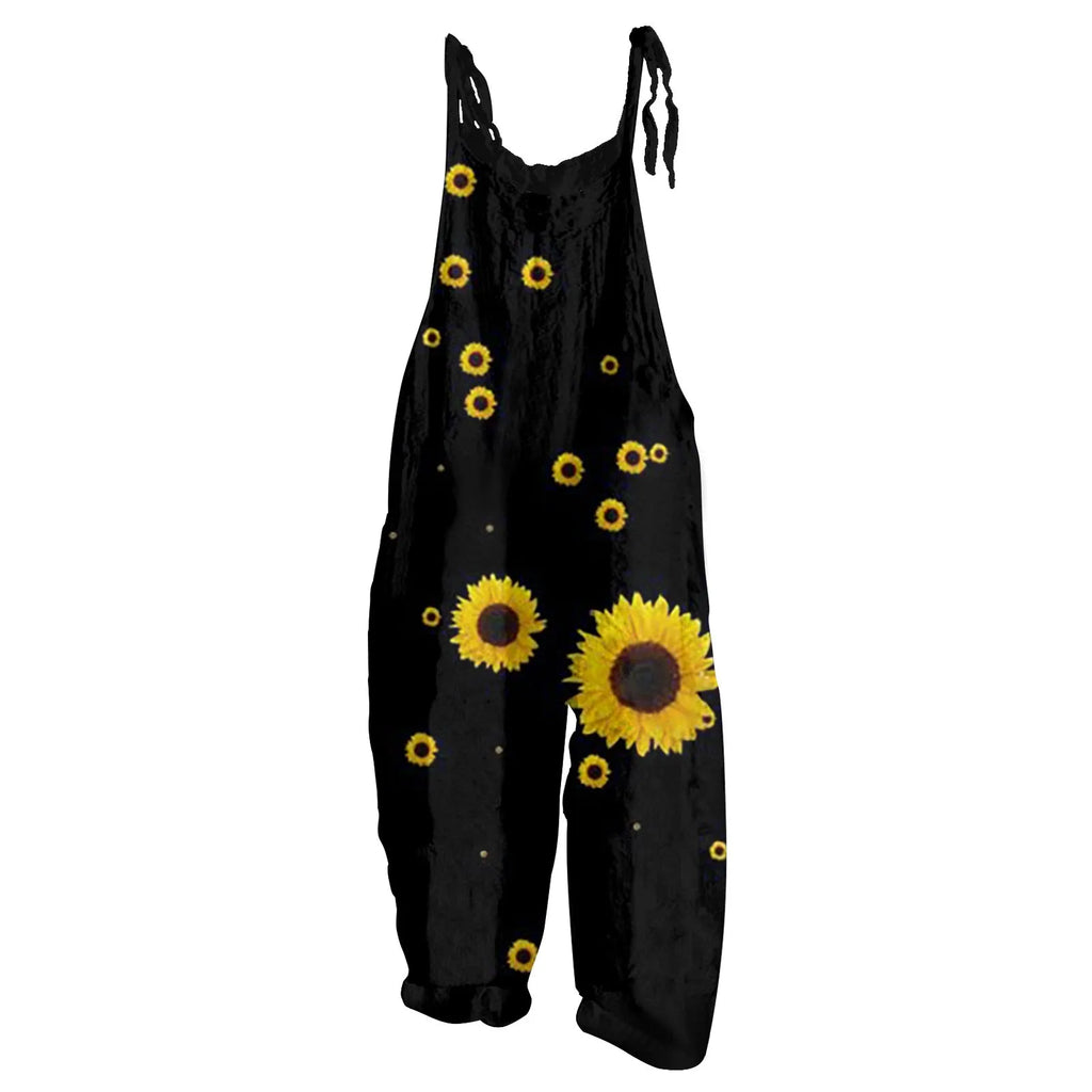 Sunflower Print Slim Fit Cotton Linen Overalls Women Casual Loose Jumpsuit Stylish Romper with Adjustable Shoulder Straps Comfortable Everyday Wear