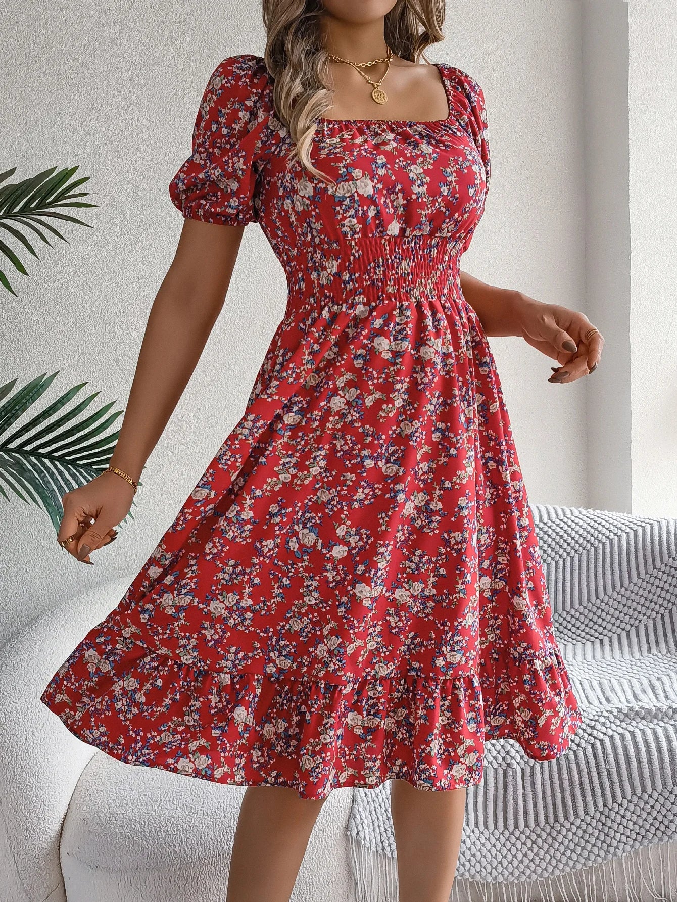 Floral Print Square Neck Dress With Shirred Waist Detail