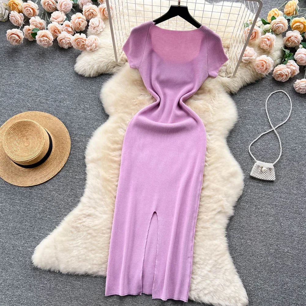 Sexy Summer Knit Dress Elastic Waist Bodycon Sundress