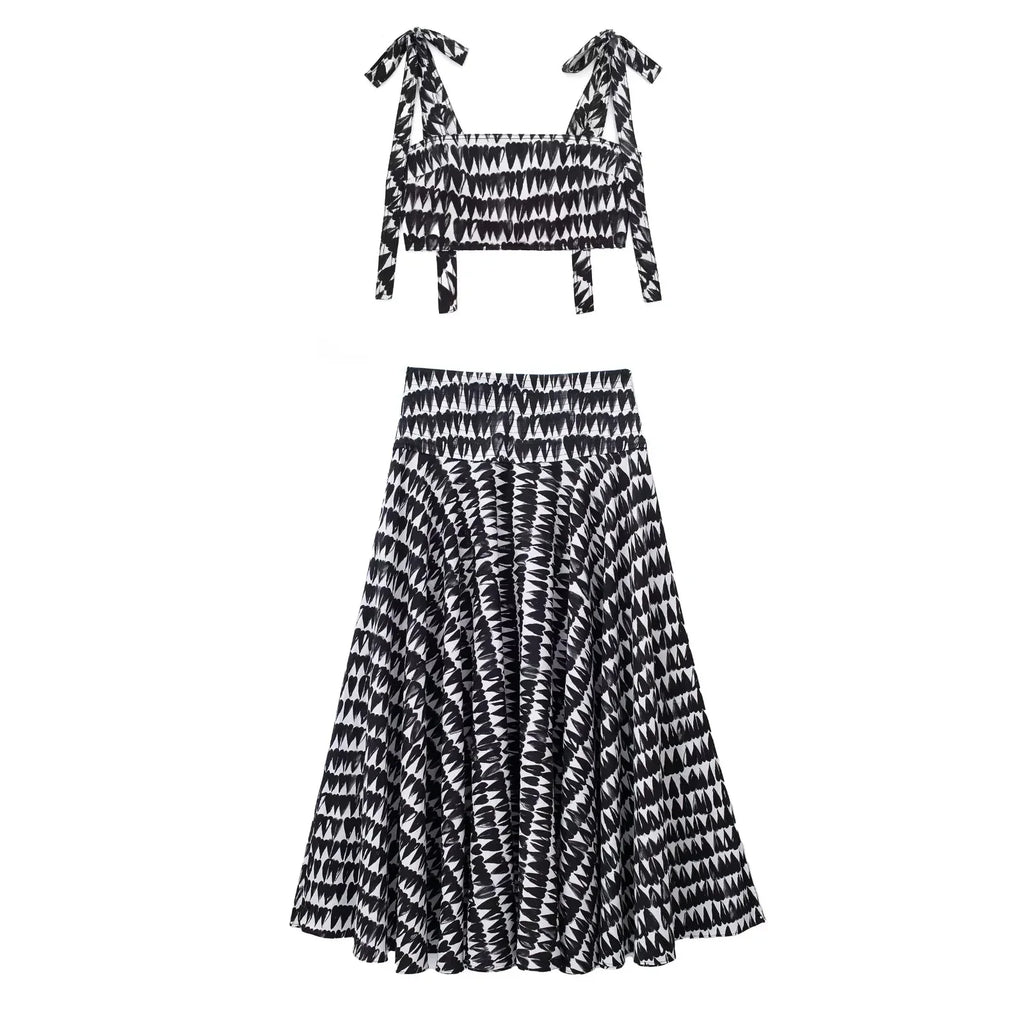 Women's Fashion Print Set Sexy Backless Sleeveless Slim Lace-Up Corset Crop Top with Elegant A-Line Pleated Midi Skirt