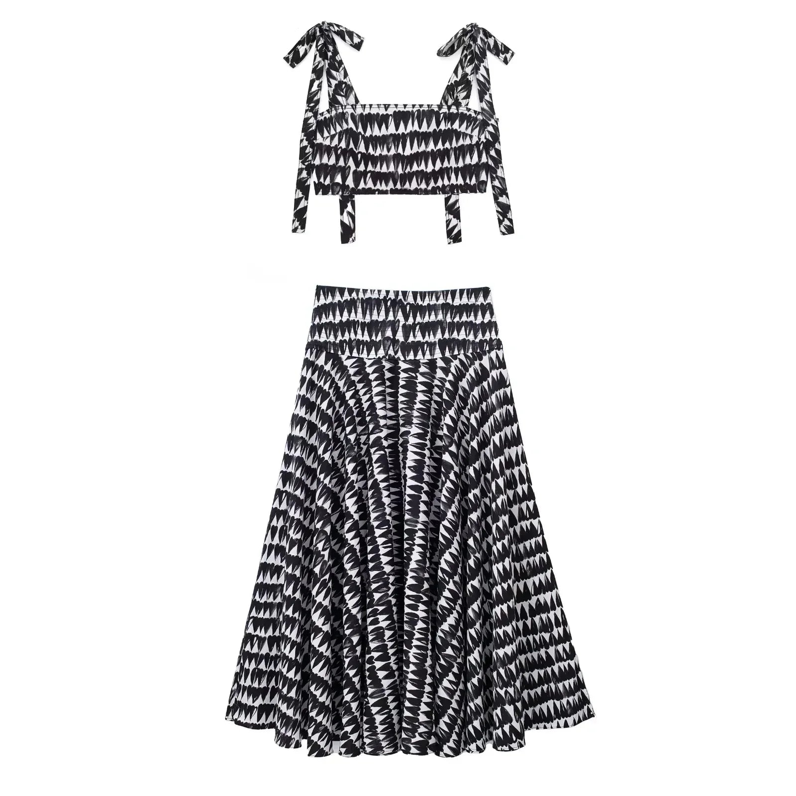 Women's Fashion Print Set Sexy Backless Sleeveless Slim Lace-Up Corset Crop Top with Elegant A-Line Pleated Midi Skirt