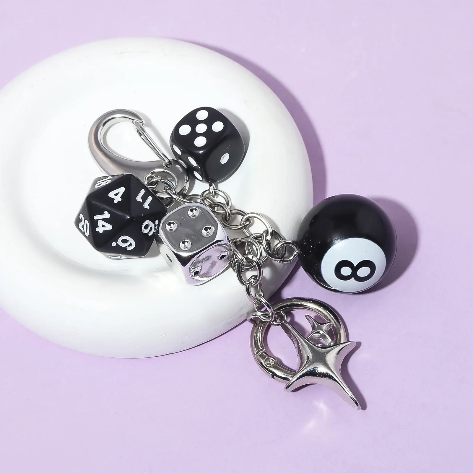 Hiphop Black Dice Billiards Keychain Y2K Starburst Pendant Bag Charm Punk Accessory