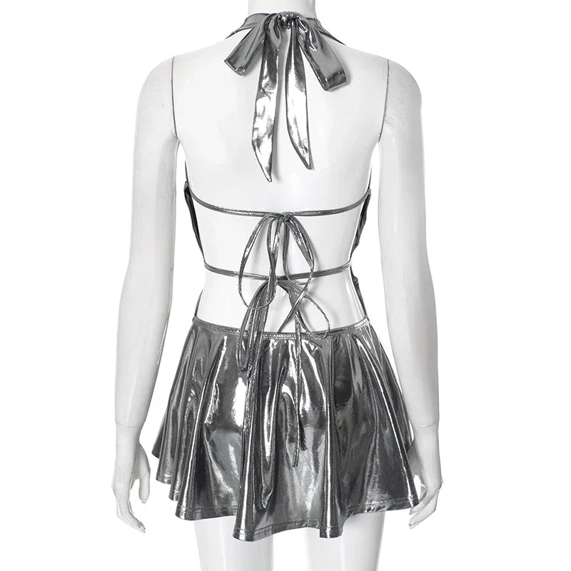 Metallic V Neck Backless Pleated Mini Dress For Women