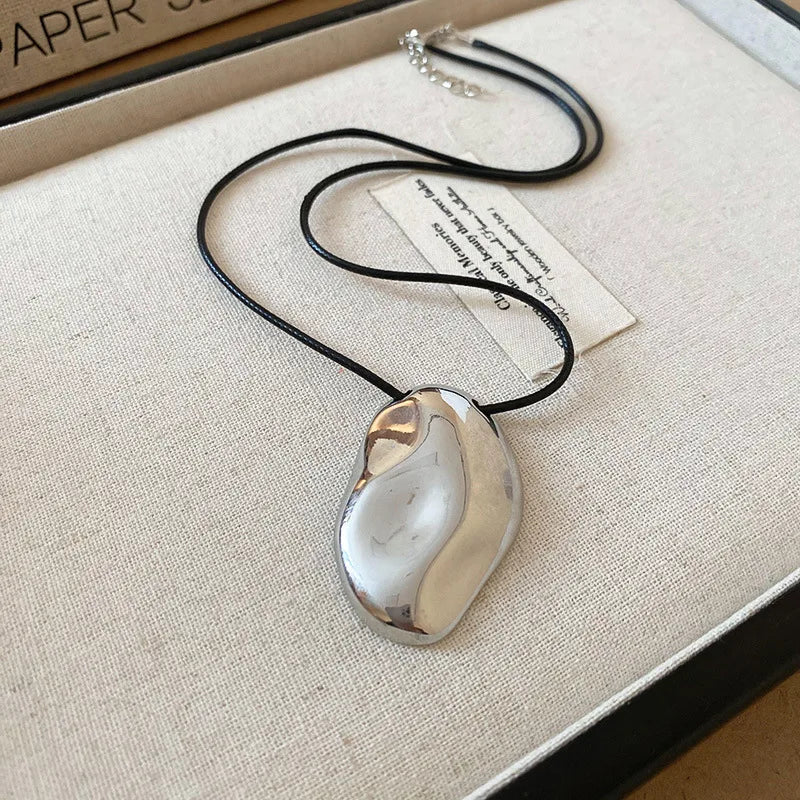 Punk Large U-Shape Geometric Pendant Necklace for Men and Women Adjustable Leather Rope Sweater Chain Jewelry