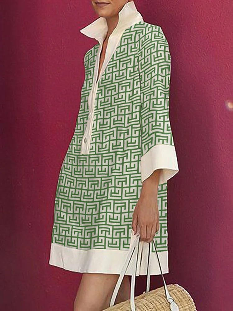 Casual Long Sleeve Printed Lapel Shirt Dress Mini Length