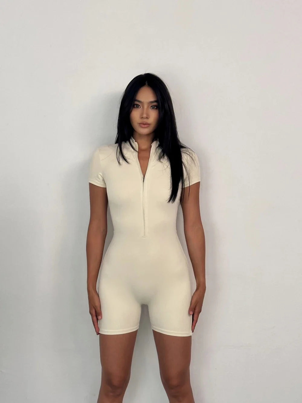 Womens Slim Fit Yoga Jumpsuit Short Sleeve Stretch One Piece Playsuit Romper with Front Zipper Sexy Fitness Activewear