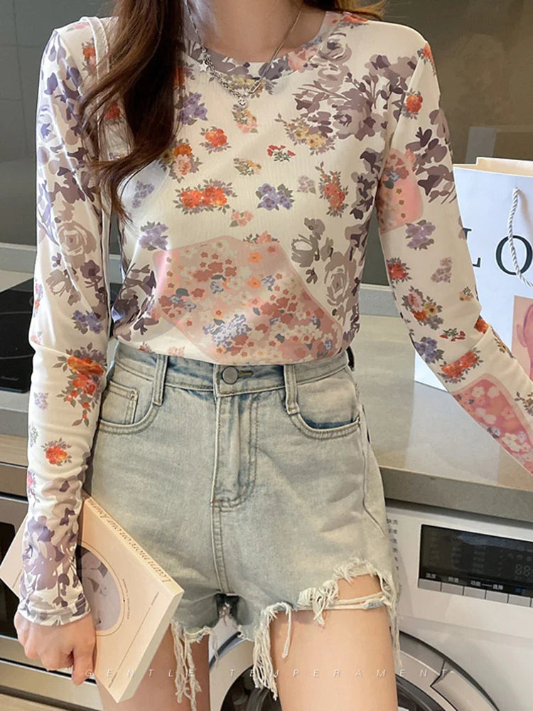 Women's Sexy See-Through Mesh Blouse Long Sleeve Transparent Elegant Printed Shirt Fashion Top