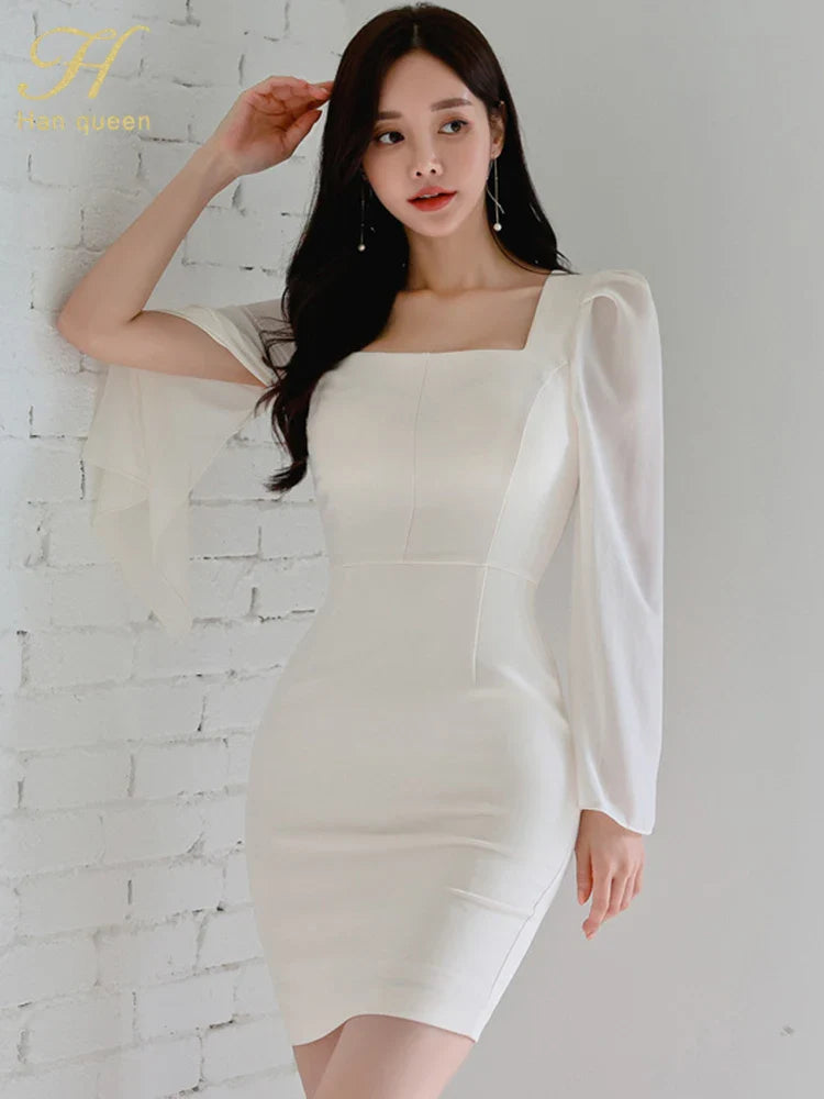 Korean White Sheath Dress With Flare Sleeves For Work