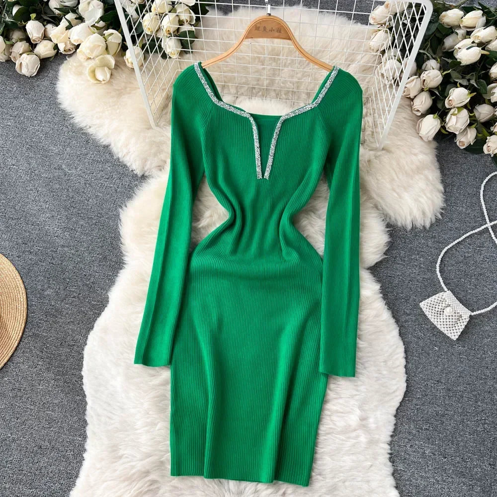 Knit Bodycon Dress For Women Long Sleeve Winter Sweater