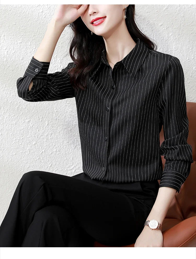 Striped Long Sleeve Women Shirt Button Up Blouse Lightweight Chiffon Tops Elegant Casual Office Wear
