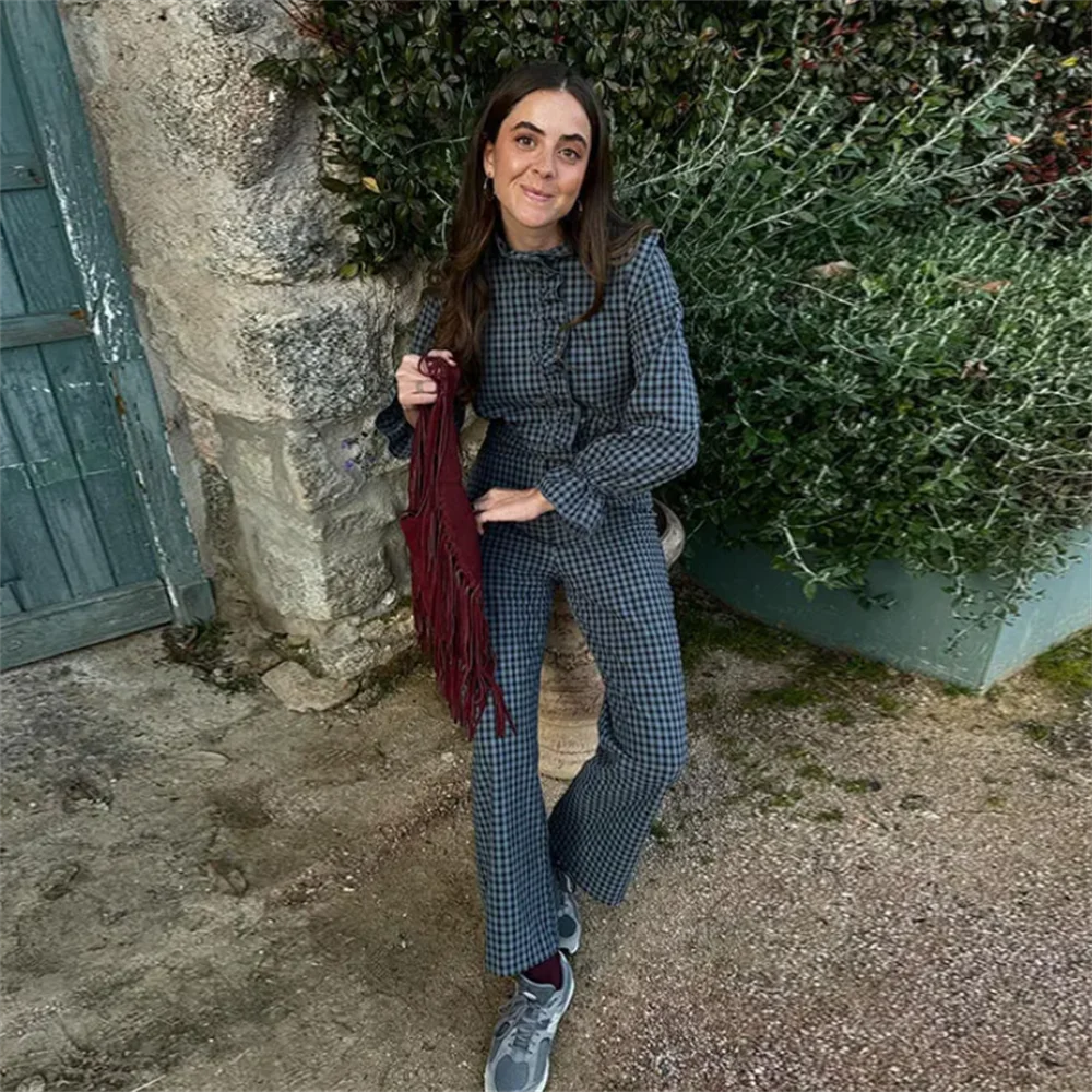 Women's Casual Plaid Bubble Sleeve Long Jumpsuit Versatile Fashionable Temperament Fit