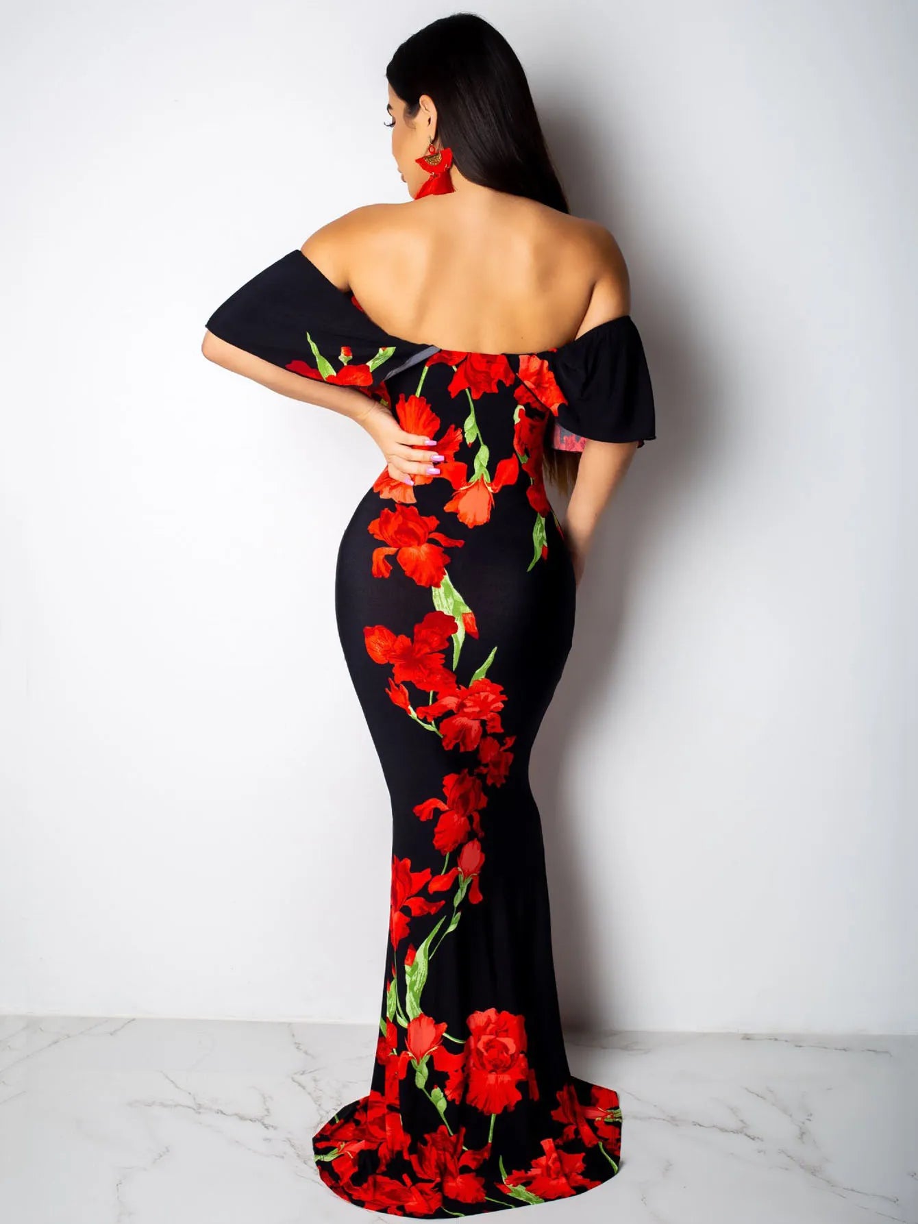Floral Print Maxi Dress Off Shoulder Bodycon Silhouette