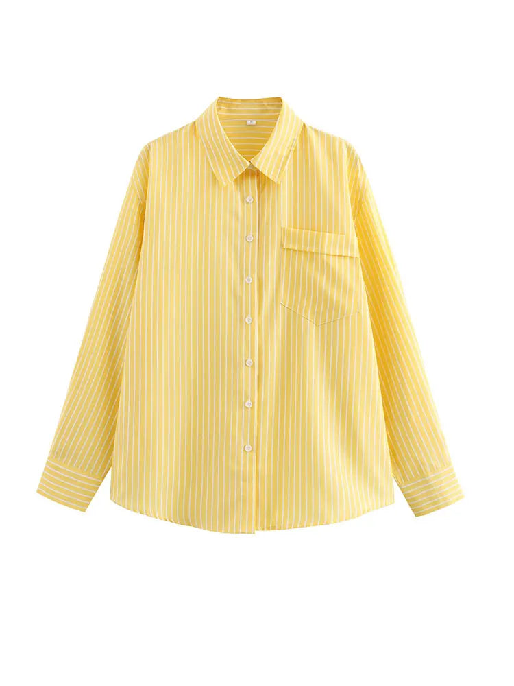 Elegant Stripe Long Sleeve Casual Shirt for Women Lapel Collar Single-Breasted Loose Slim Blouse Top Streetwear