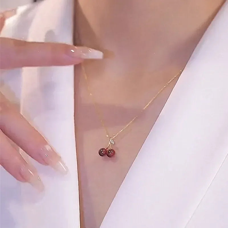 Wine Red Cherry Pendant Necklace for Women with Golden Chain for Party and Birthday Gifts