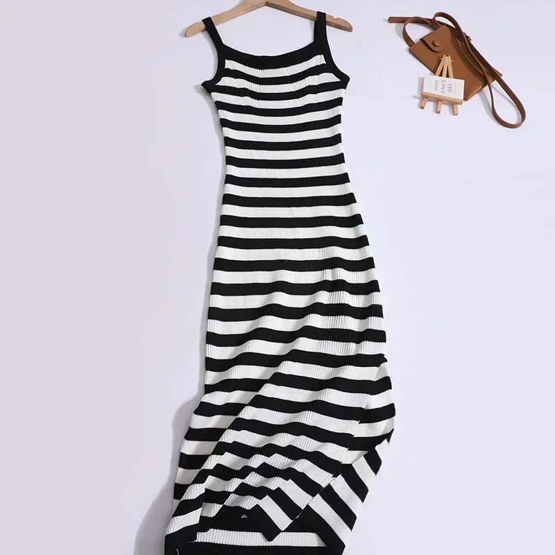Striped Knit Slip Dress With Slim Waist For Summer Chic