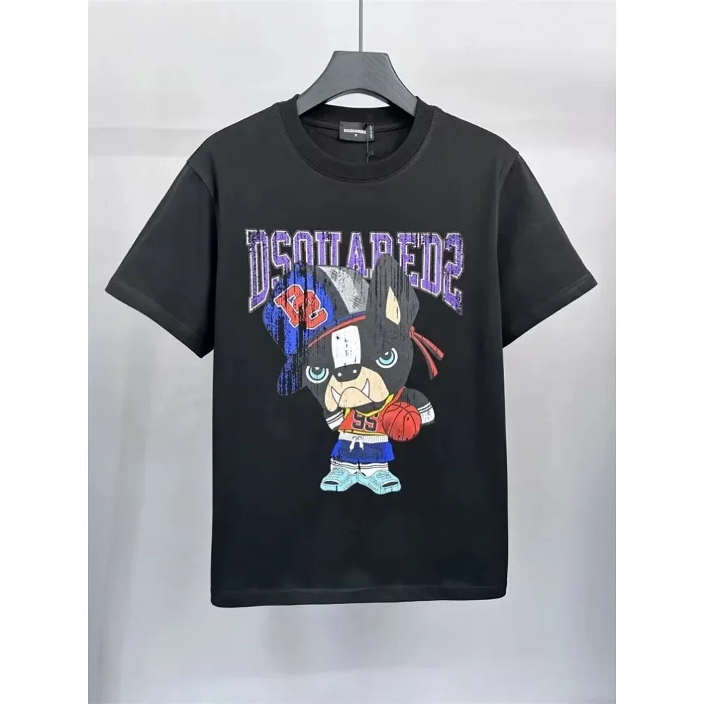 Y2K Summer Trend Loose Fit Cartoon Dog Print T-Shirt for Men in Large Size Streetwear