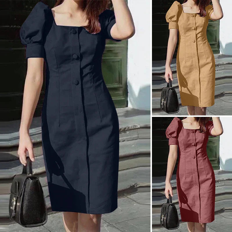 Puff Sleeve Square Collar Sheath Dress For Women Summer