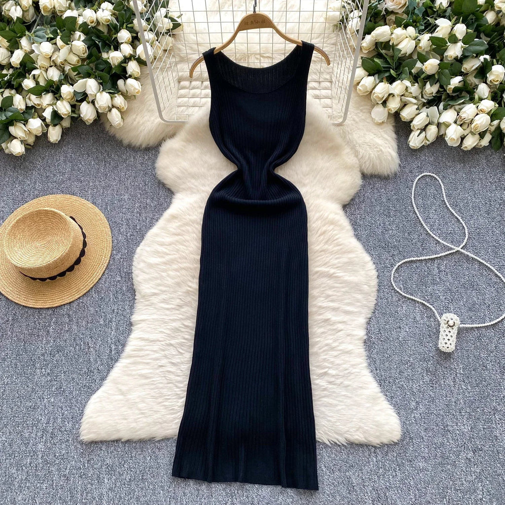 Knit Maxi Dress Women Sleeveless O Neck Bodycon Solid