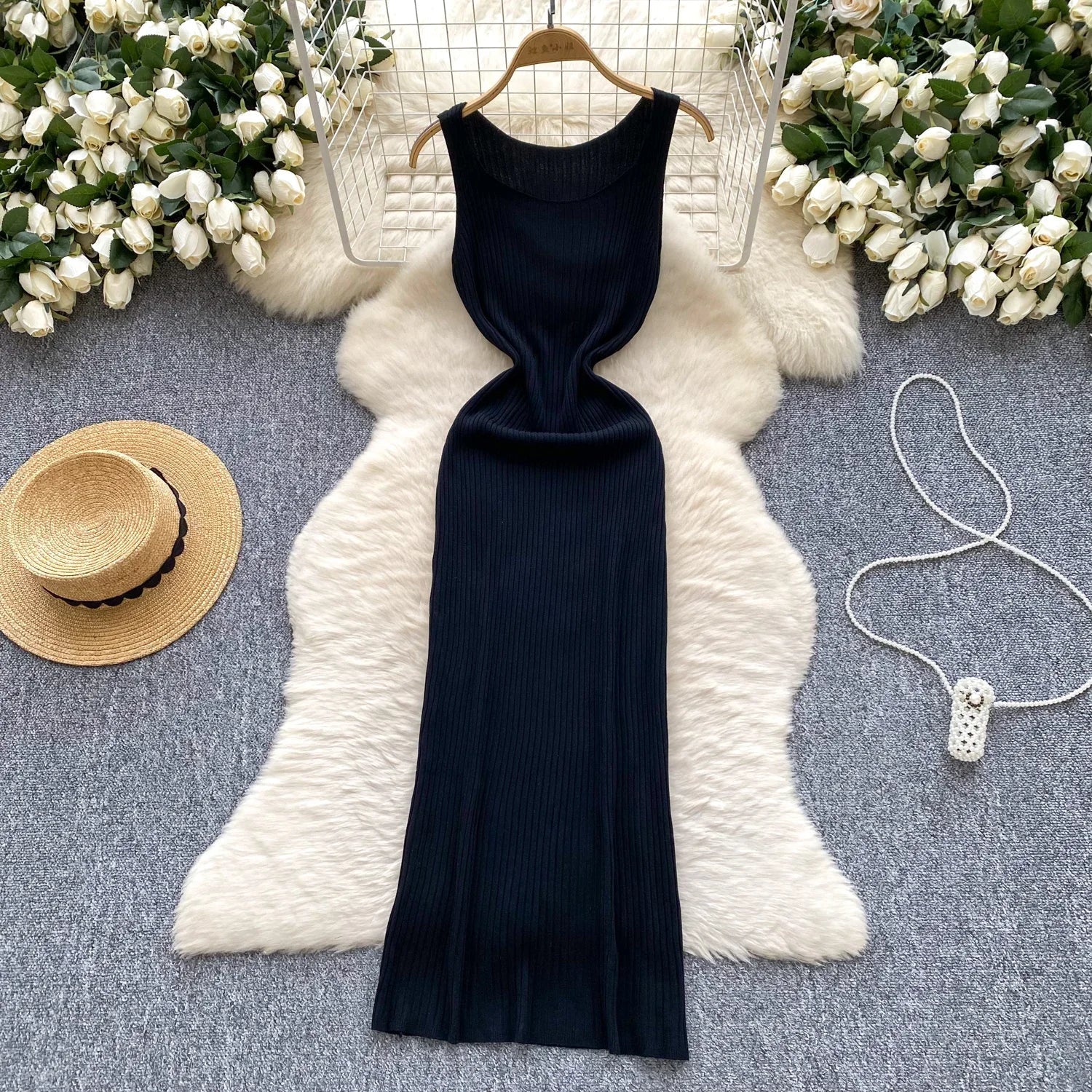 Knit Maxi Dress Women Sleeveless O Neck Bodycon Solid
