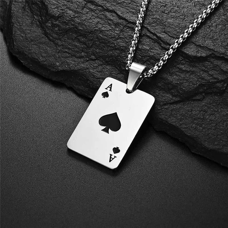 2 Piece Set Stainless Steel Poker Card Ace of Spades Necklace Unisex Pendant Chain Playing Cards Jewelry