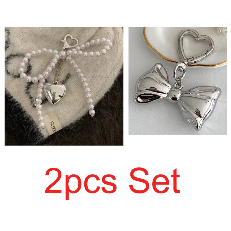 White Bowknot Heart Keychain for Women Sweet Charm Pearl Bow Backpack Key Ring Handmade Jewelry Ornament
