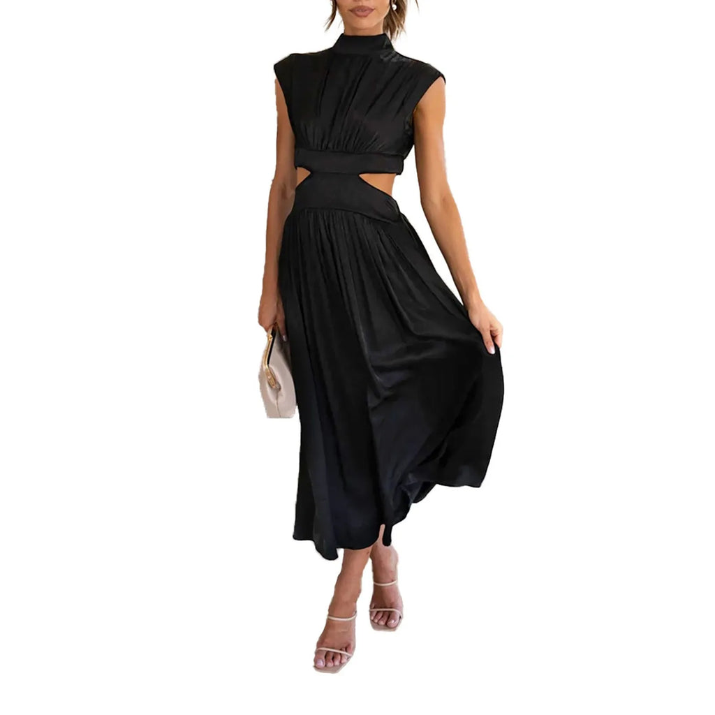 Solid Color High Waist Maxi Dress Sleeveless With Pockets