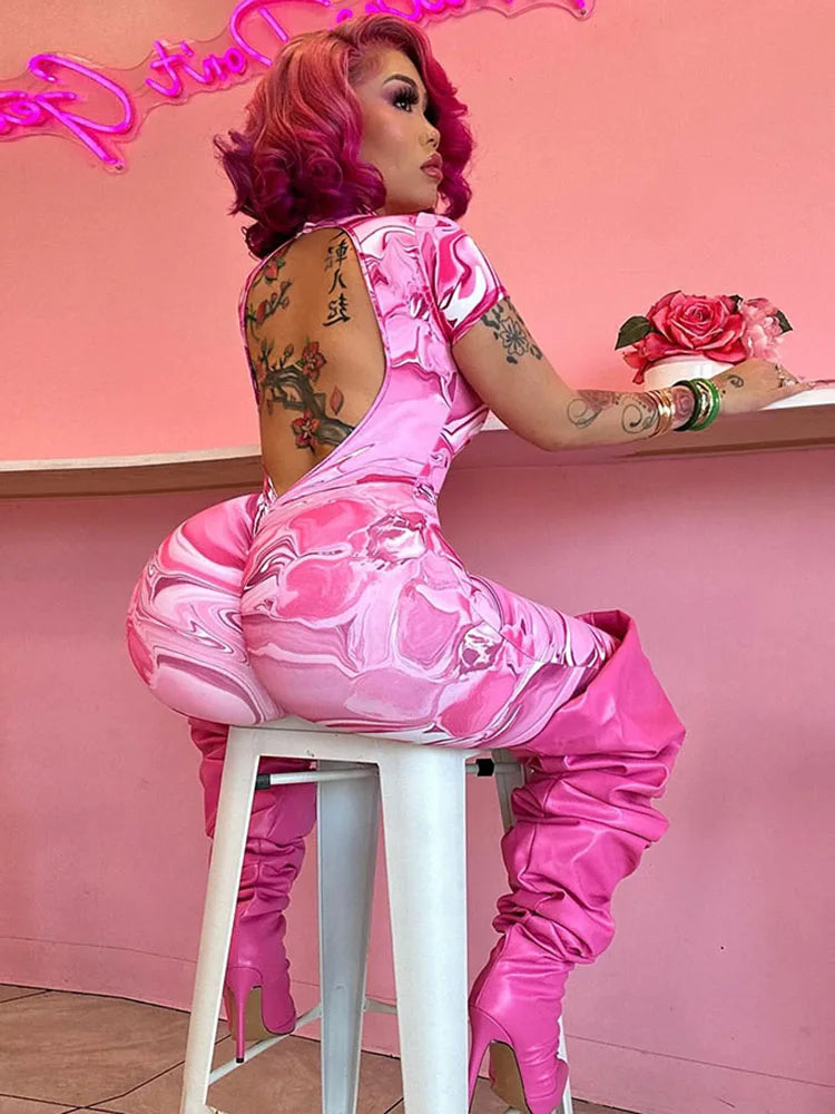 Sporty Backless Jumpsuit for Women with Peach Buttocks Design Short Sleeve Fitness Overalls Summer Casual Street Workout Apparel