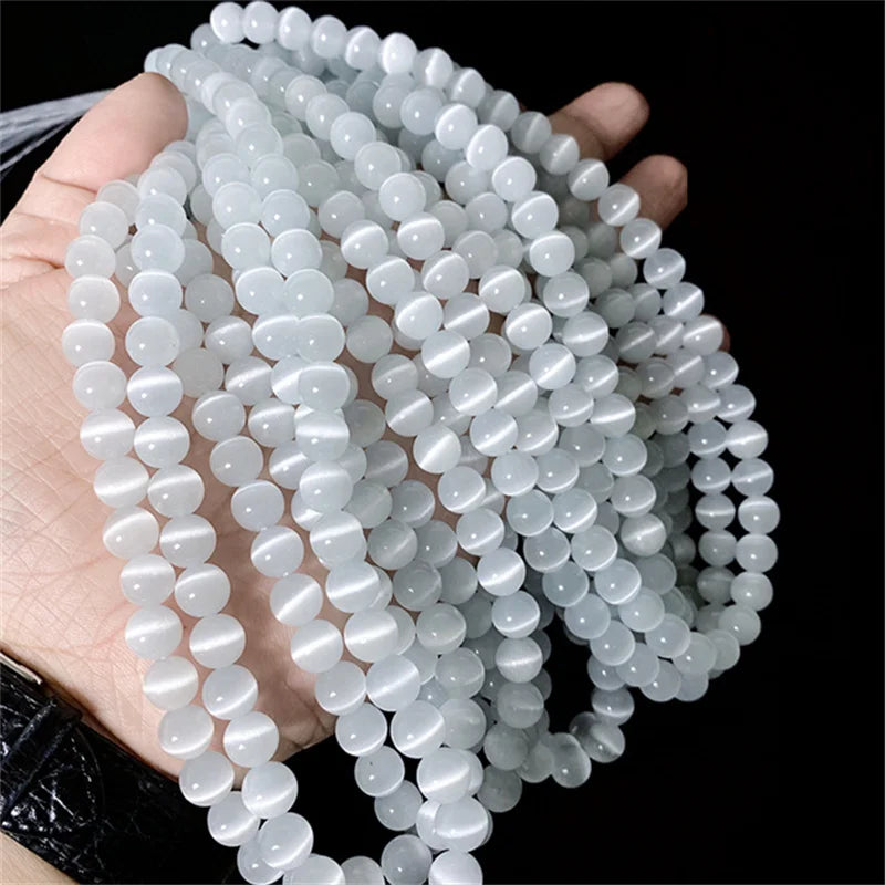 Natural Moonstone Beads White Cat Eye Round Loose Beads for Jewelry Making DIY Bracelet 15 Inch Strand