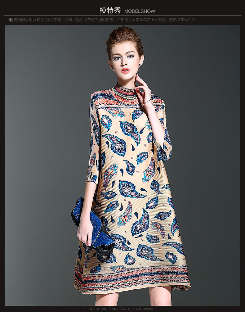 Retro Pleated High Neck Plus Size Dress For Women Casual