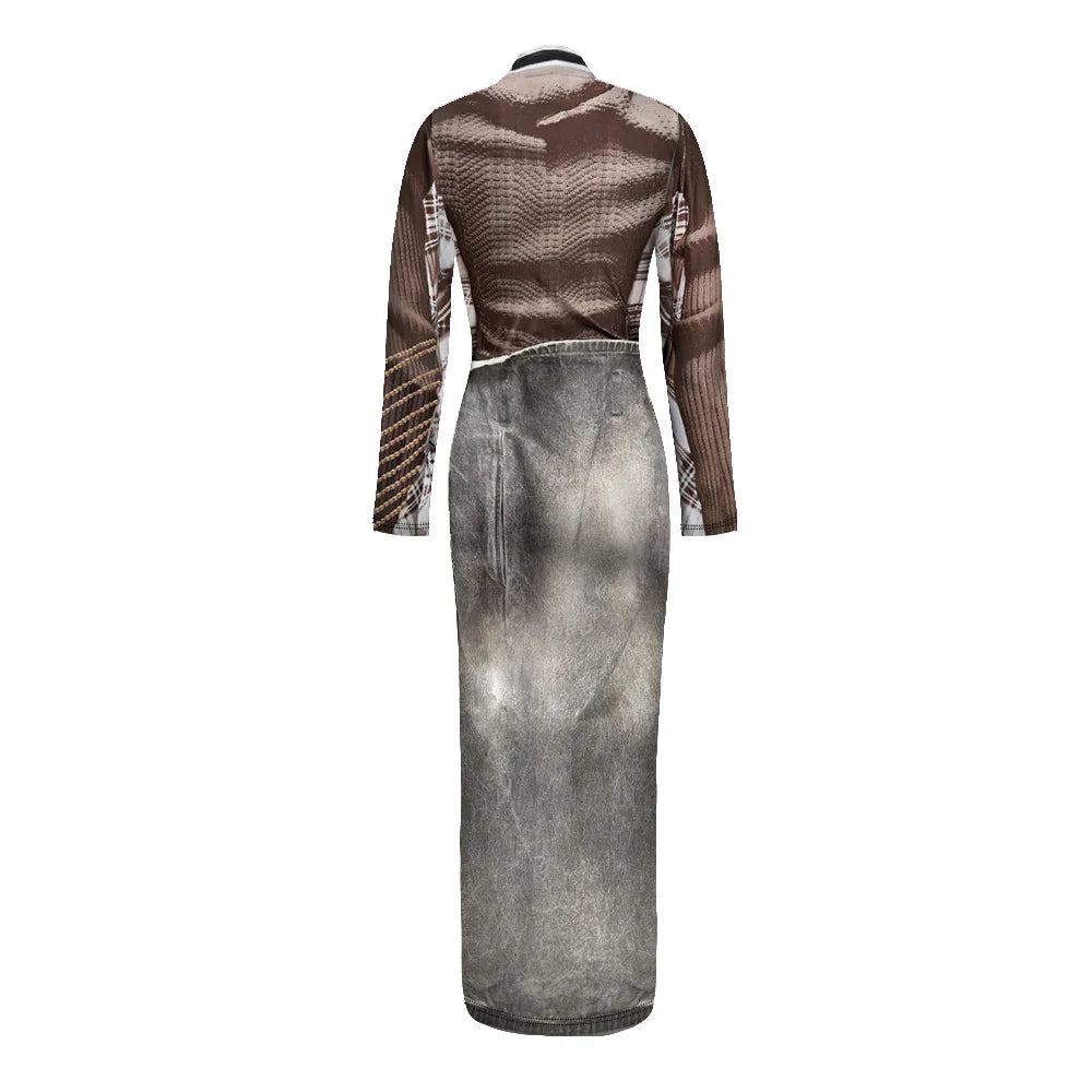 Color Block Maxi Dress With Mock Neck Long Sleeve Style