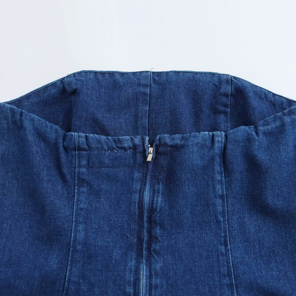 Strapless Denim Dress With Fitted Bodice And Pleated Skirt