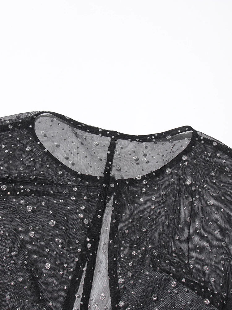 Sequin Patchwork Dress With Round Neck Mesh Sleeves