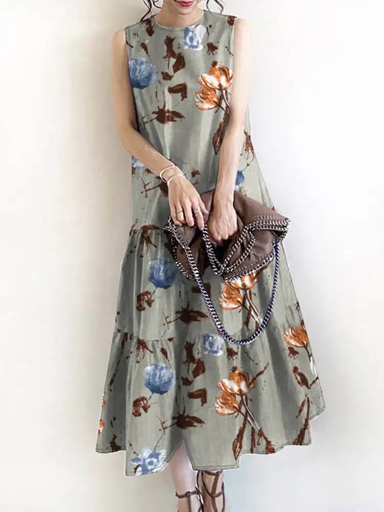 Bohemian Floral Sundress Women O Neck Sleeveless Midi