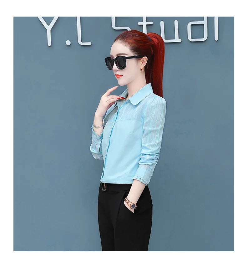 Women's Pure Cotton Long Sleeve Shirt Professional Decoration Body Contour Spring Autumn Fashion Top