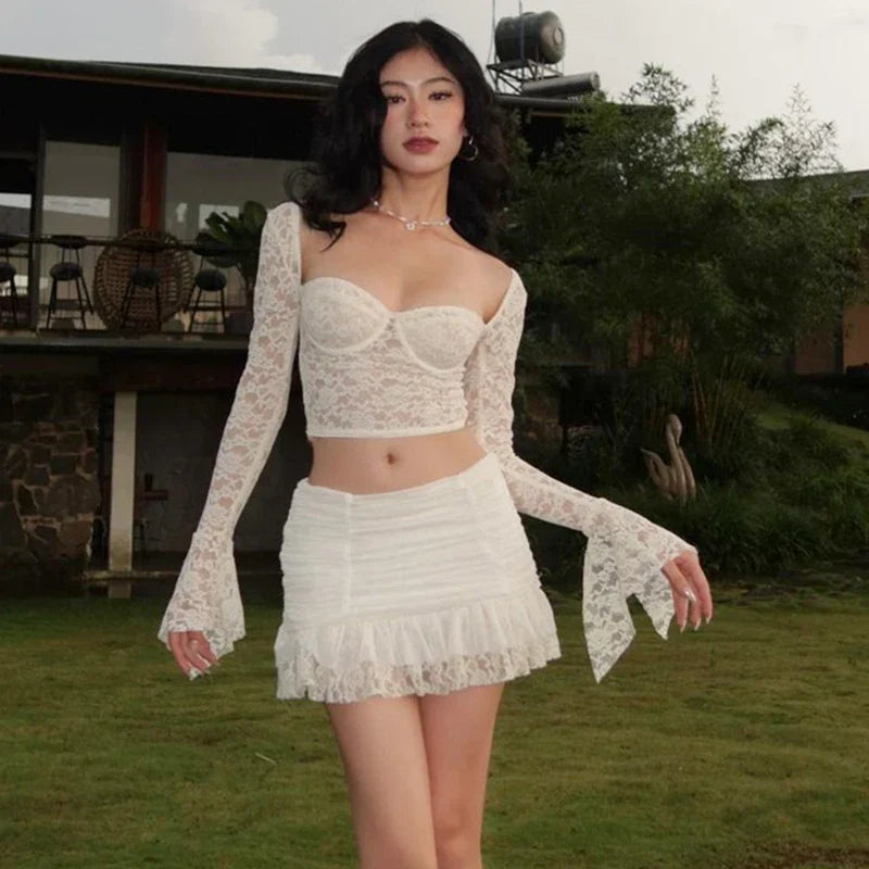 Elegant Y2K Lace See-Through Long Sleeve Crop Top with Ruched Slim Skinny Mini Skirt Two-Piece Set for Women