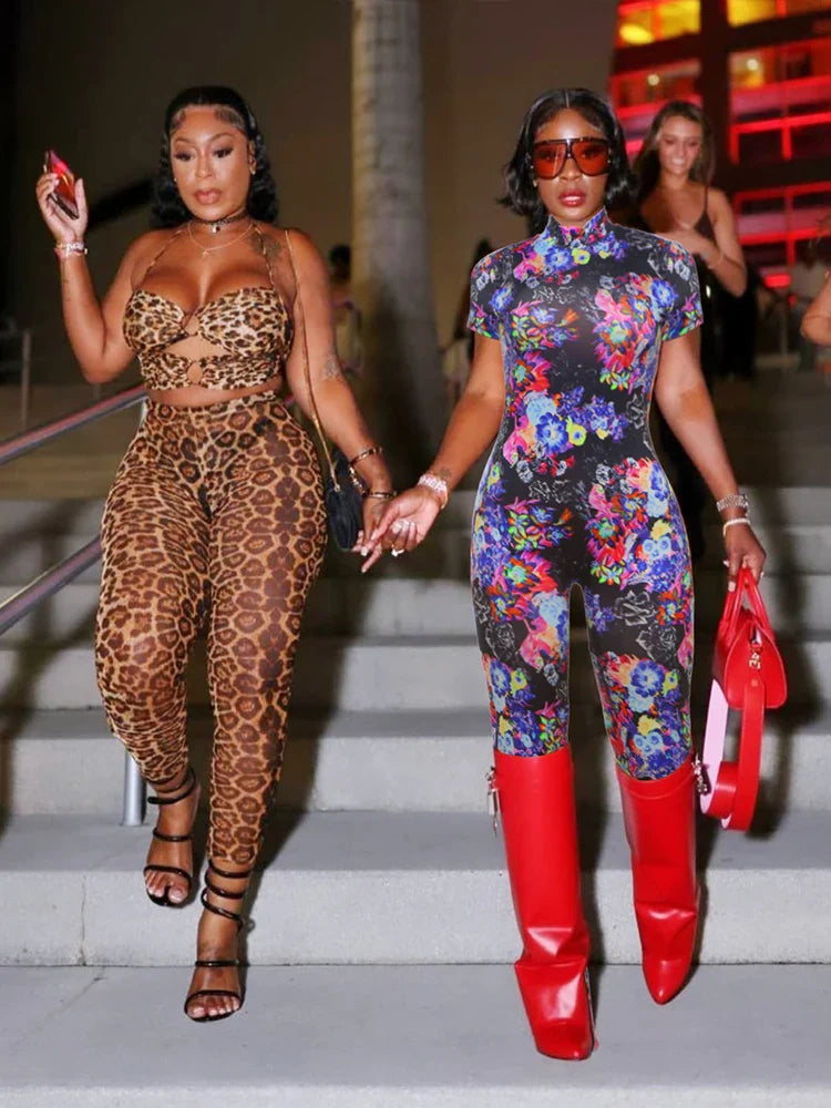 Backless Leopard Print Peach Buttocks Jumpsuit Women Short Sleeve Fitness Summer Streetwear Workout Overalls