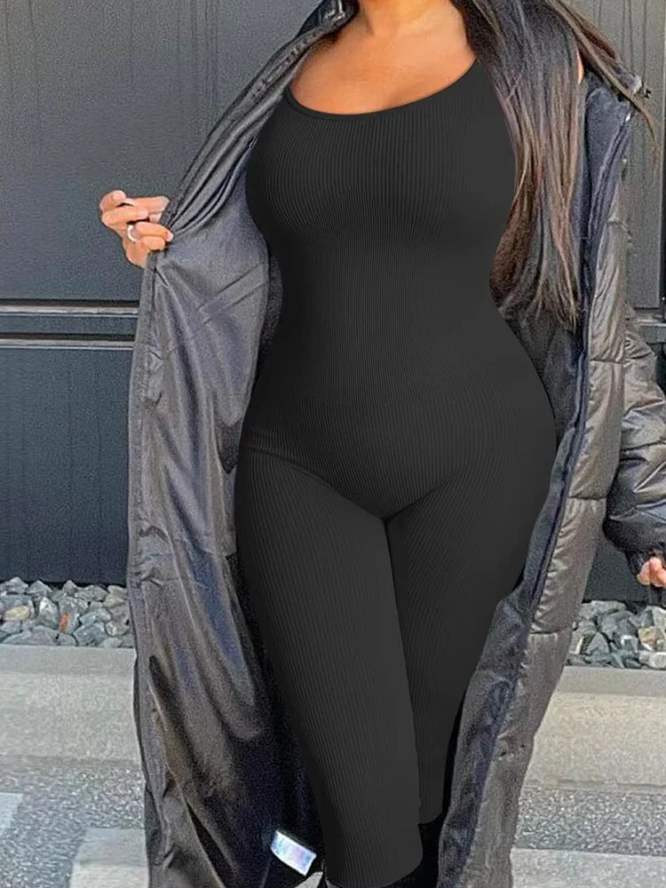 Solid Color Slim-Fit Seamless Hip Lifting Bodysuit Yoga Jumpsuit Set for Women