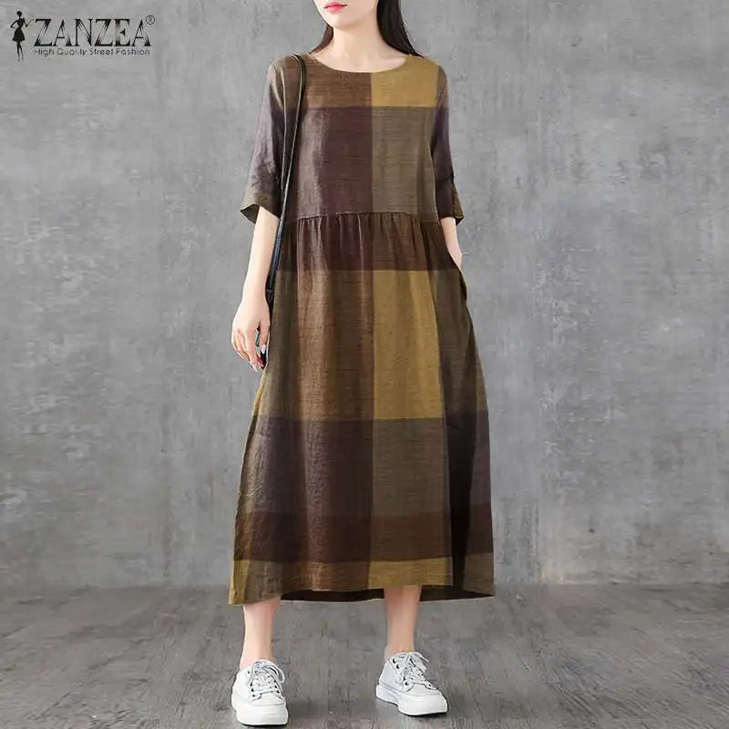 Cotton Linen Plaid Midi Sundress With Pockets O Neck