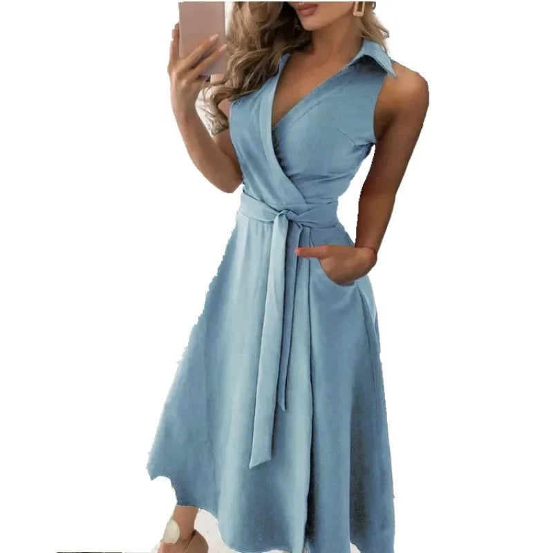 Women Belted V Neck Long Sleeve Dress For Spring Summer