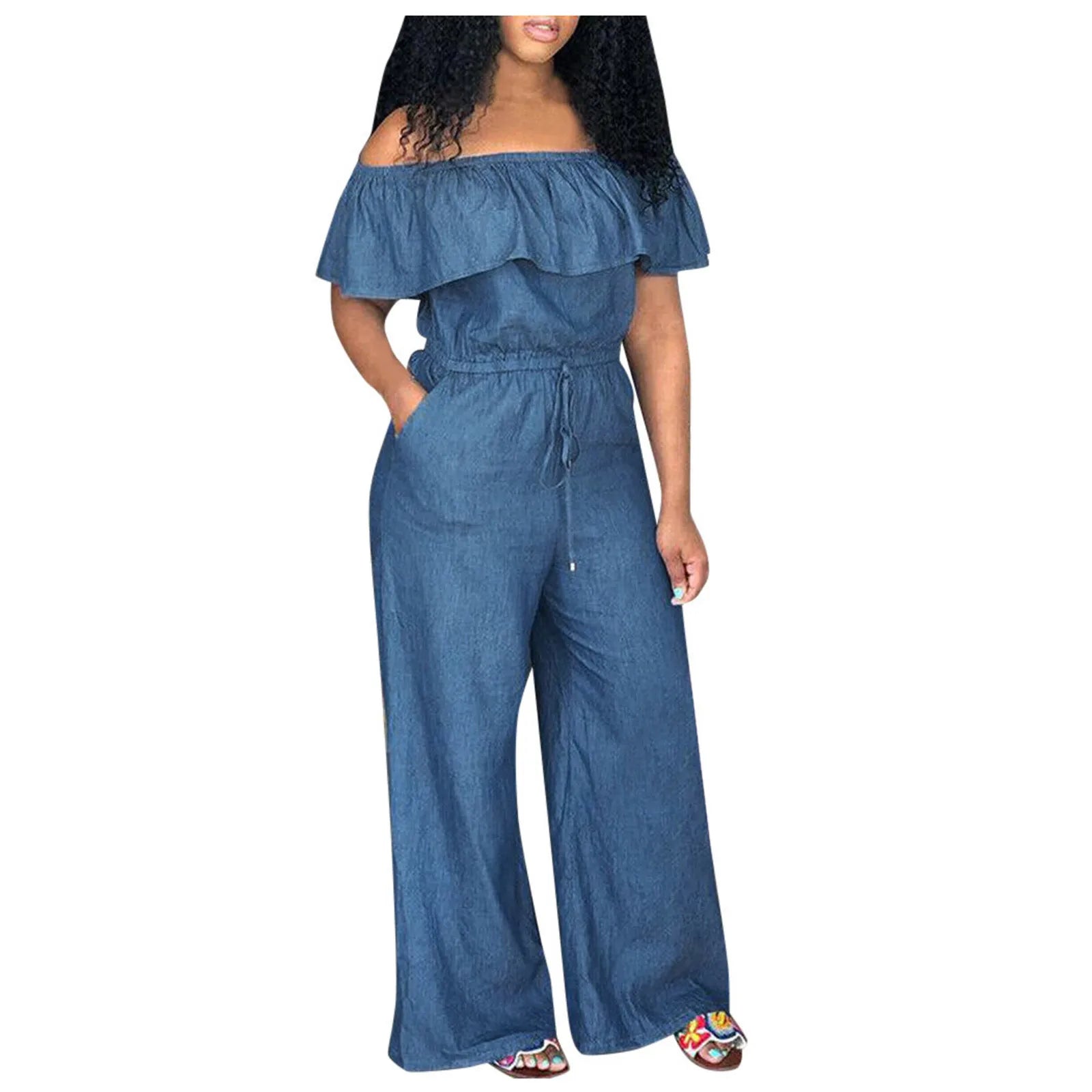 Plus Size 5XL Elegant Off Shoulder Denim Jumpsuit for Women Long Sleeve Ruffle Casual Romper Office Party Wear Solid Color Overalls