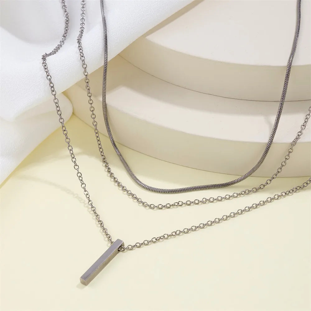 Vintage Layered Metal Bar Pendant Necklace for Women Gold Clavicle Chain Jewelry